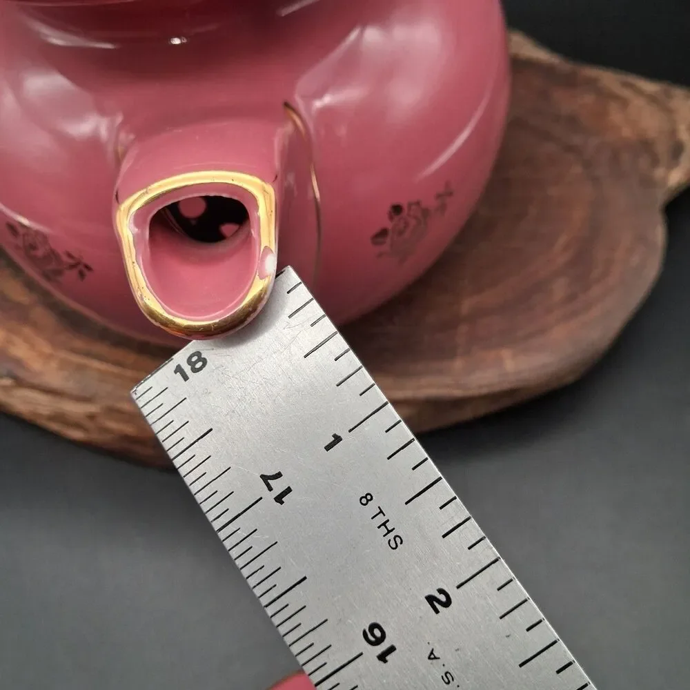 Vintage Hall China Windshield Teapot 6 Cup Orchid Pink Mauve Gold Roses 0691